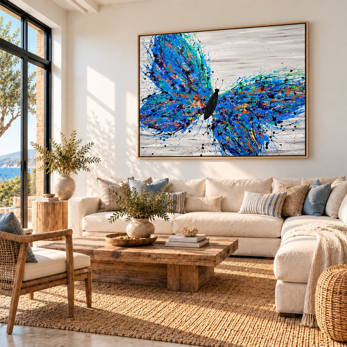 Wild Butterfly canvas wall art, coastal living bright room mockup